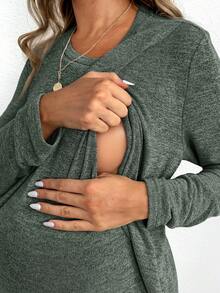 SHEIN Maternity Marled Knit Wrap Nursing Detail Tee - Green - View 6