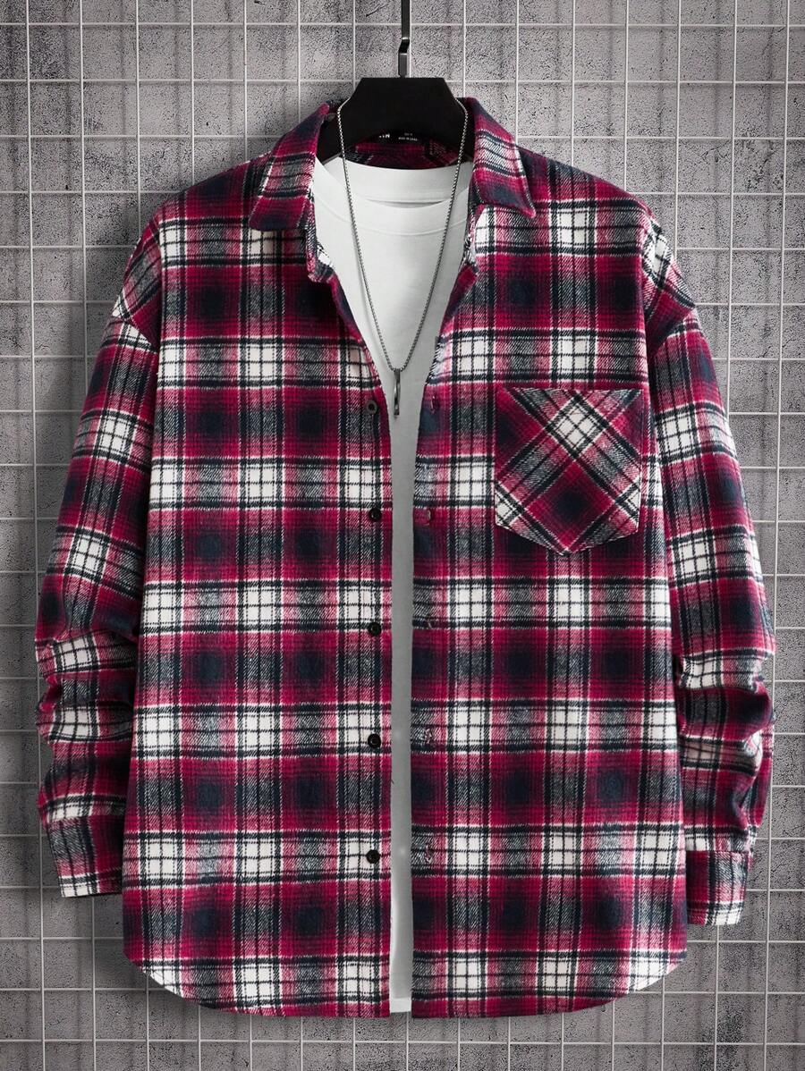 GENTILAND 加大码男式格子印花口袋贴布衬衫（不含 T 恤） - 彩色 - 查看 1