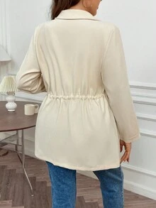 SHEIN Franclia 大碼腰部抽繩西裝領外套 - 卡其色 - 查看 2