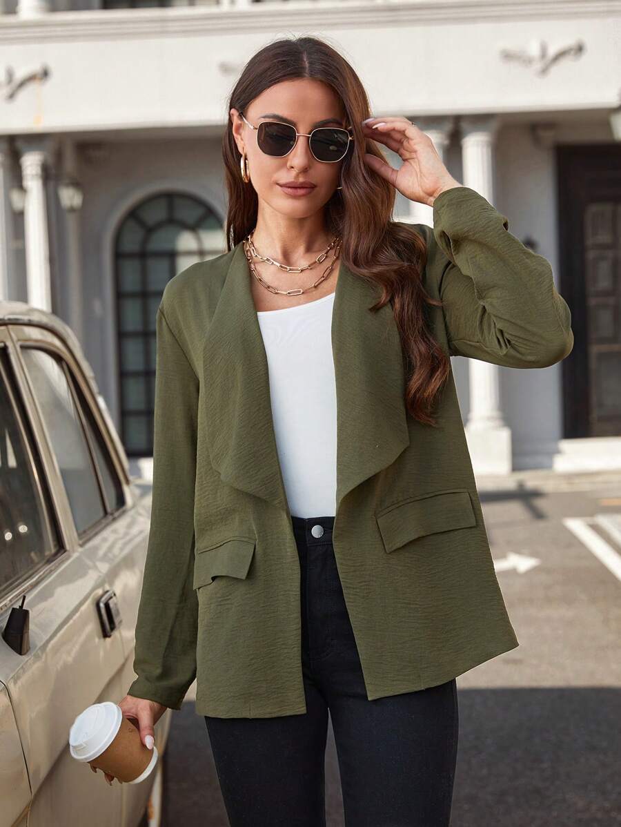 SHEIN LUNE Waterfall Collar Open Front Coat - Army Green - View 1