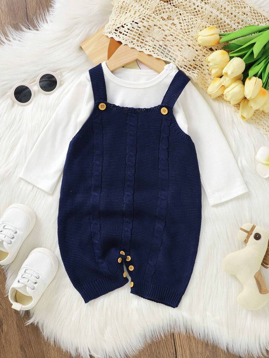 Baby Girl 1pc Button Detail Cable Knit Romper - Blue - View 1