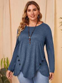 EMERY ROSE Plus Button Detail Scallop Trim Tee - Blue - View 1