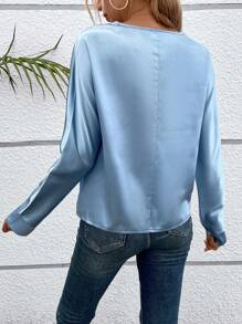 SHEIN Essnce Solid Button Detail Asymmetrical Neck Blouse - Blue - View 3