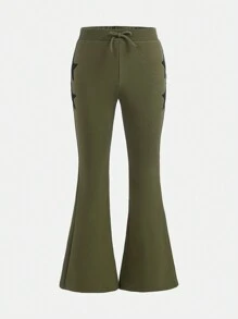 SHEIN Tween Girl Star Print Flare Leg Sweatpants - Army Green - View 3