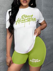 Slaydiva Letter Graphic Tee & Biker Shorts - Green - View 1