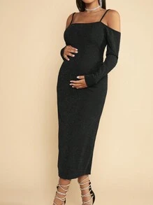 SHEIN Maternity Cold Shoulder Bodycon Dress - Black - View 4