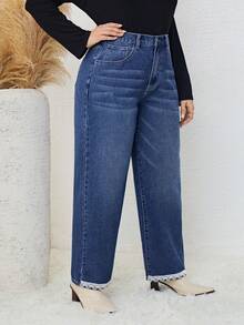 SHEIN LUNE 大碼蕾絲拼接直筒牛仔褲 - 中等水洗藍 - 查看 5