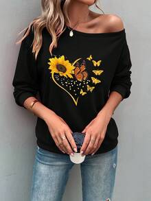 INAWLY Butterfly & Sunflower Print Drop Shoulder Sweatshirt - Black - View 3