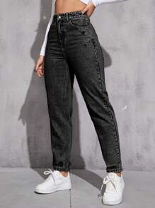 SHEIN EZwear 高腰媽媽牛仔褲 - 深灰色 - 查看 4