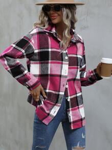 SHEIN LUNE Christmas & New Year Pink Plaid Casual Shirt,Long Sleeve Tops Fall Cloth For Women - Hot Pink - View 4