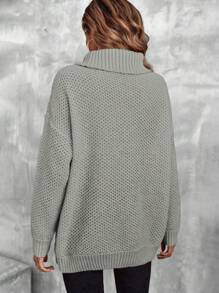 SHEIN LUNE Turtleneck Drop Shoulder Pointelle Knit Sweater - Grey - View 2