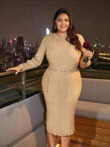 SHEIN Frenchy Plus Solid Ribbed Knit Bodycon Dress - Khaki - View 5