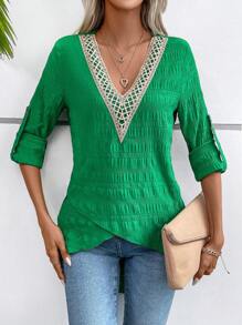SHEIN LUNE Contrast Guipure Lace Roll Tab Sleeve Wrap Hem Blouse - Green - View 3
