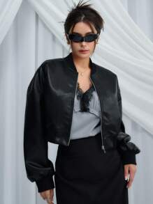 DAZY Thả vai Dây kéo Mùa vụ Áo khoác bomber - màu đen - Xem 6