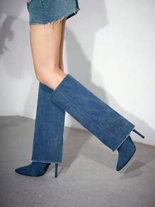 牛仔高跟尖頭長款靴子 - 藍色 - 查看 9