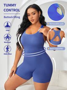 大碼素色運動連體短褲 - 霧霾藍 - 查看 1