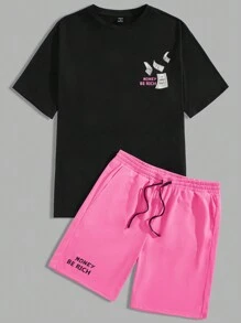 Manfinity VCAY Bộ áo phông và quần short in chữ và đô la dáng rộng cho nam - màu đen - Xem 2