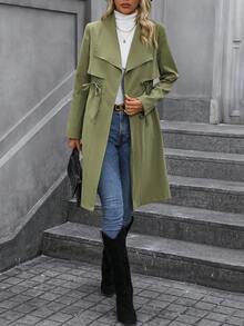 SHEIN LUNE Cổ áo thác nước Eo dây rút Eo dây rút Áo khoác Trench - Màu xanh Ô liu - Xem 3