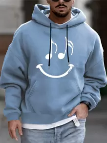 Manfinity 男士卡通圖案袋鼠口袋抽繩連帽衫 - 淺藍色 - 查看 1