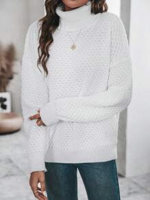 SHEIN Essnce 高領落肩袖套頭毛衣 - 白色 - 查看 1