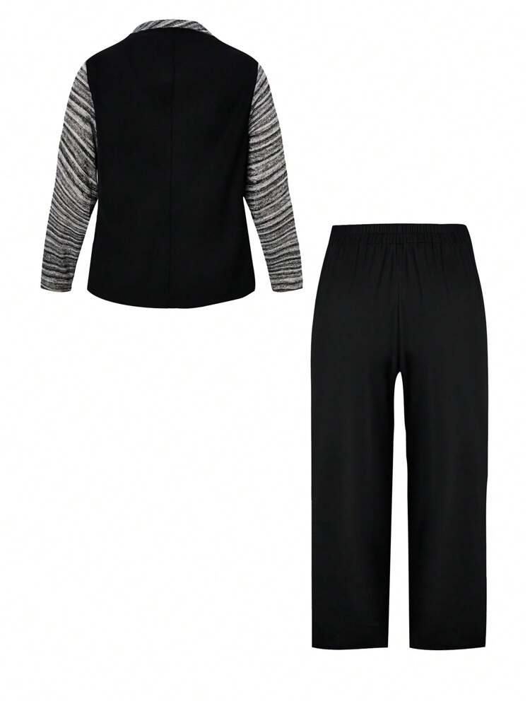 Plus Contrast Space Dye Panel Lapel Collar Blazer and Suit Pants