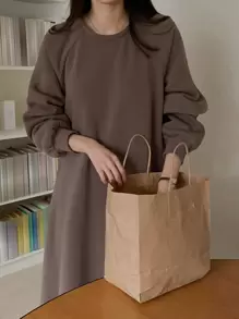 DAZY 女士纯色日常穿搭插肩袖连衣裙，秋季长袖连衣裙，带保暖内衬 - 棕色 - 查看 5