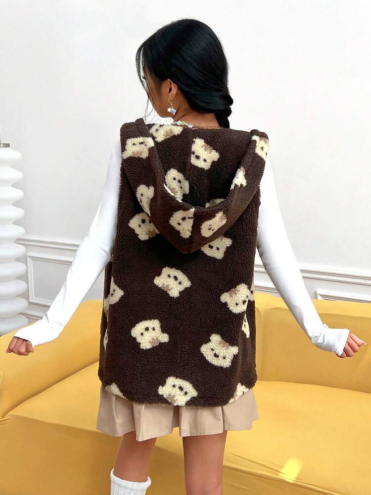 Bear Pattern Hooded Teddy Vest Coat
