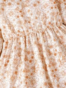 Young Girl Floral Print Half Button Dress - White - View 7