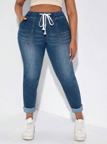 SHEIN SXY Plus Drawstring Waist Roll Up Hem Skinny Jeans - Medium Wash - View 3