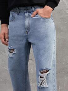 RueChic Men's Ripped Straight Jeans - Blue - View 3