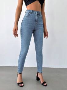 EURMUSE 高腰緊身牛仔褲 - 淺色水洗藍 - 查看 5