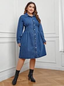 SHEIN Privé Plus Button Front Fold Pleated Detail Denim Dress - Medium Wash - View 4