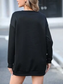 SHEIN Essnce 素色落肩袖加絨內裏衛衣洋裝 - 黑色 - 查看 2