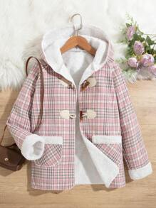 SHEIN 女大童格紋雙口袋毛絨襯裡行李袋連帽外套 - 粉色 - 查看 1