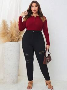 SHEIN LUNE Talla grande Jeans ajustados desgarro
