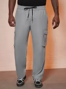 Manfinity Homme Loose Fit Men's Plus Size Cargo Pants With Flap Pockets, Side Drawstring Waist Design