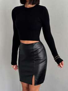EURMUSE High Waist Split Hem PU Leather Skirt - Black - View 4