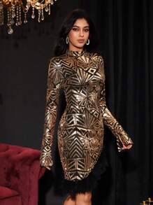 SHEIN Unity 毛茸邊亮片緊身洋裝 - 黑色 - 查看 6