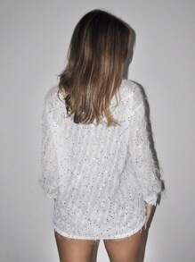 SHEIN ICON Thả vai Nút phía trước Kim sa Áo sơ mi - trắng - Xem 2