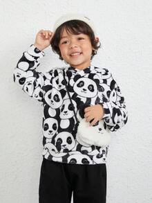 Young Boy Panda Print Sweatshirt With Bag - Black and White - View 5