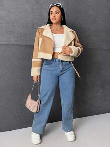 SHEIN EZwear 大碼毛絨內襯拉鏈開襟夾克 - 棕色 - 查看 5