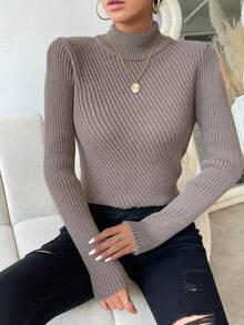 Chiquease Mock Neck Ribbed Knit Pullover Fall Winter Sweater - Mocha Brown - View 7