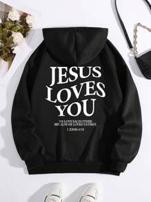 SHEIN EZwear 標語圖案袋鼠口袋抽繩加絨內裏連帽衫 - 黑色 - 查看 1