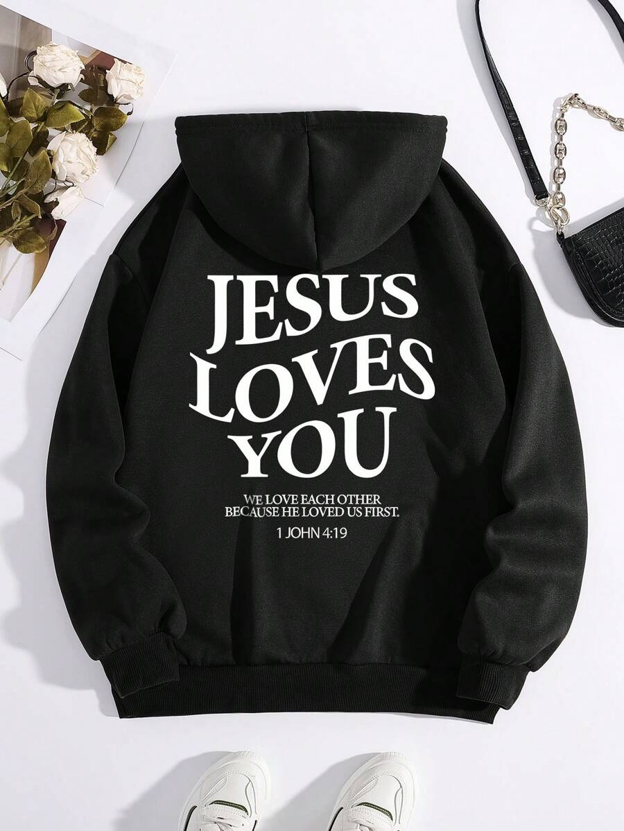 SHEIN EZwear 標語圖案袋鼠口袋抽繩加絨內裏連帽衫 - 黑色 - 查看 1