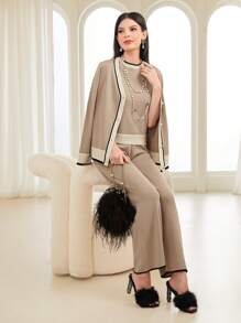 Mulvari 拼接邊開襟衫&針織上衣和針織褲 - 杏色 - 查看 1