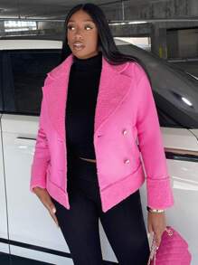 Slaydiva Double Breasted Teddy Lined Crop Jacket - Coral Pink - View 4