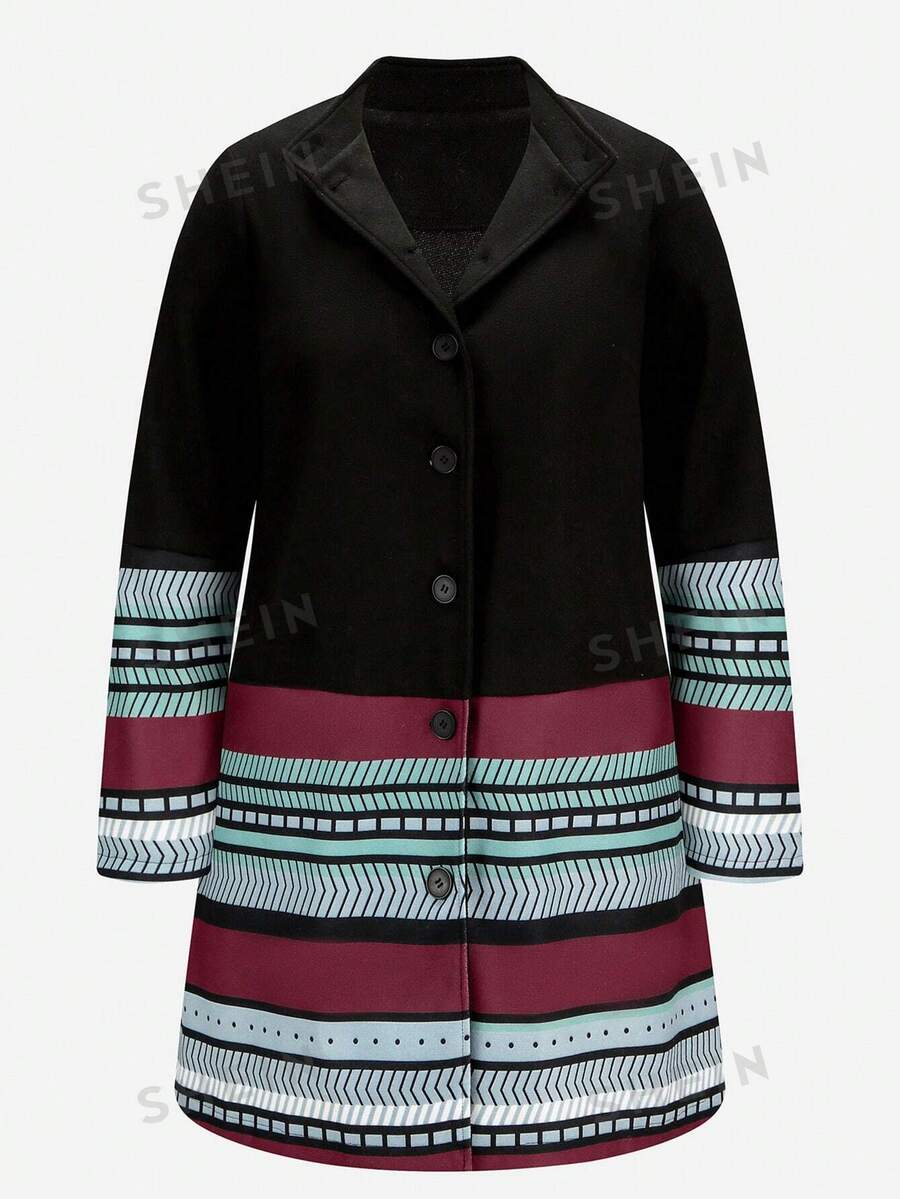 EMERY ROSE Talla grande Abrigo con estampado geométrico de color combinado - Negro - Ver 1
