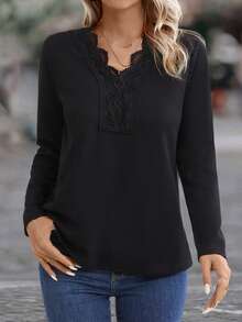 SHEIN LUNE Guipure Lace Trim Ribbed Knit Tee - Black - View 6