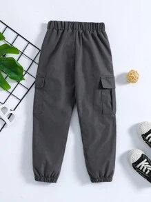 SHEIN 男童休闲宽松舒适长裤，工装风格适合上学、户外活动、运动、登山，4-7 岁 - 灰色 - 查看 2