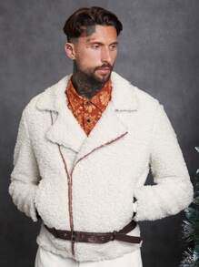 Manfinity NXTstreet Loose Fit Men Zip Up Buckle Belted Teddy Jacket - Apricot - View 1